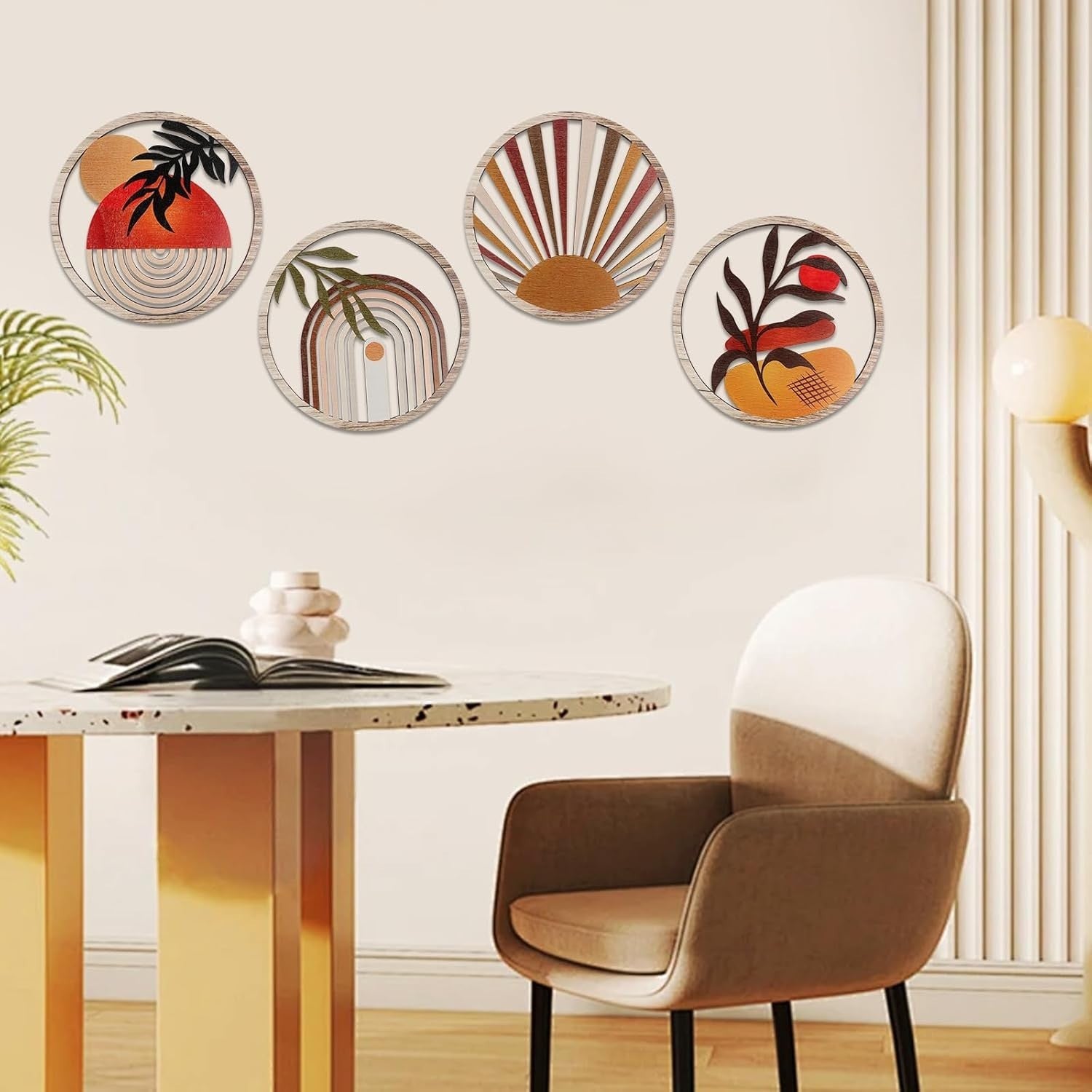 4PCS Boho Wooden Wall Art Botanical Hanging Round Farmhouse Decor
