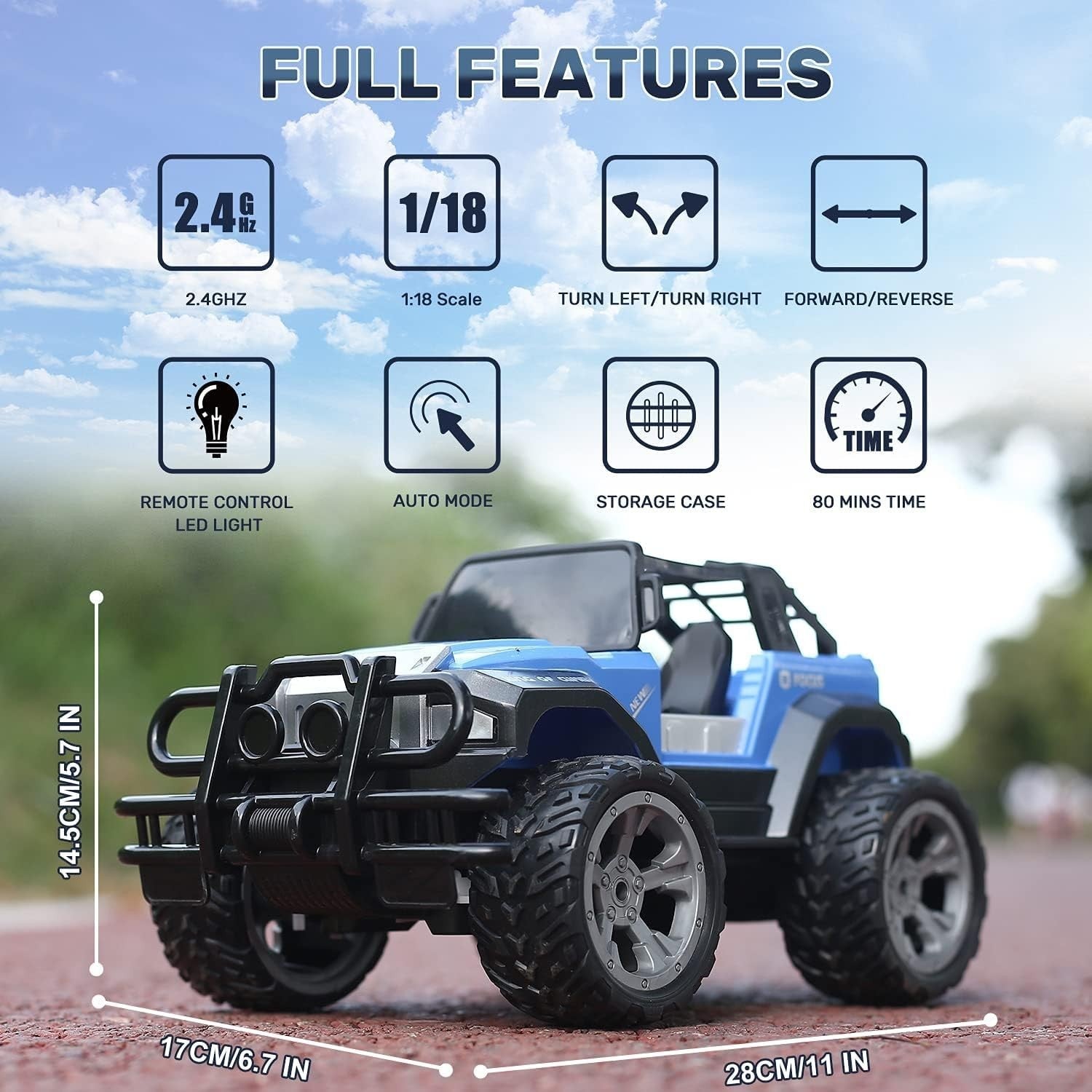 1:18 RC Off-Road Car for Kids, 2.4GHz Racing Truck w/ LED Lights, 80min Play