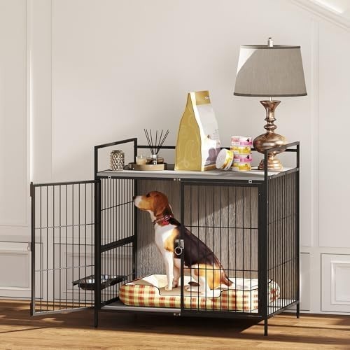 Dog Crate Furniture with Feeding Bowls & Lockable Doors, Grey Indoor Table
