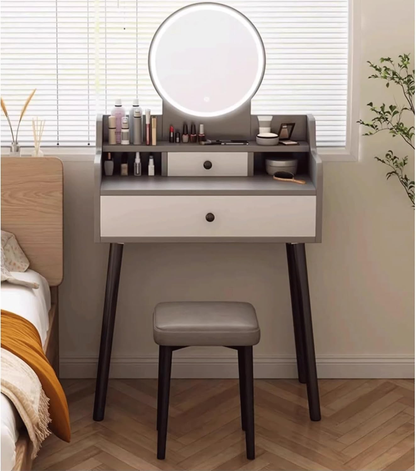 Grey Makeup Vanity Table Set w/ Lighted Mirror 3 Color LED Storage Drawers Desk