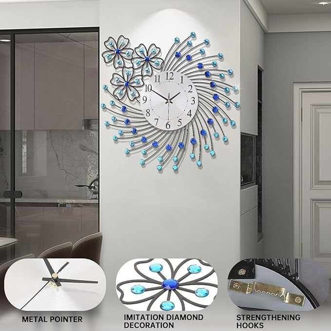 Large 50cm Crystal Wall Clock Blue Silent Modern Decorative Round Home Decor