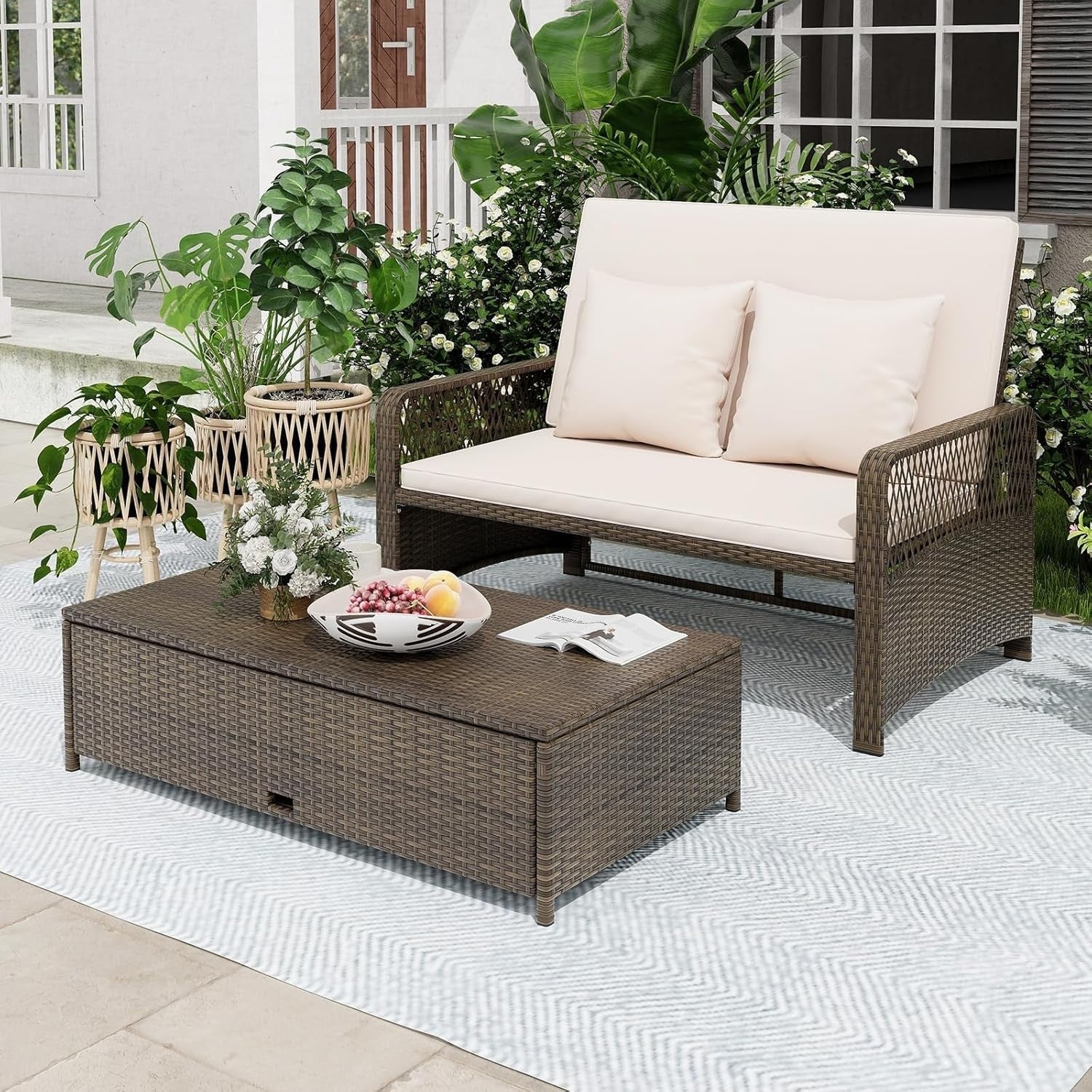 Adjustable Rattan Daybed with Storage Ottoman & Cushions – Outdoor Sofa