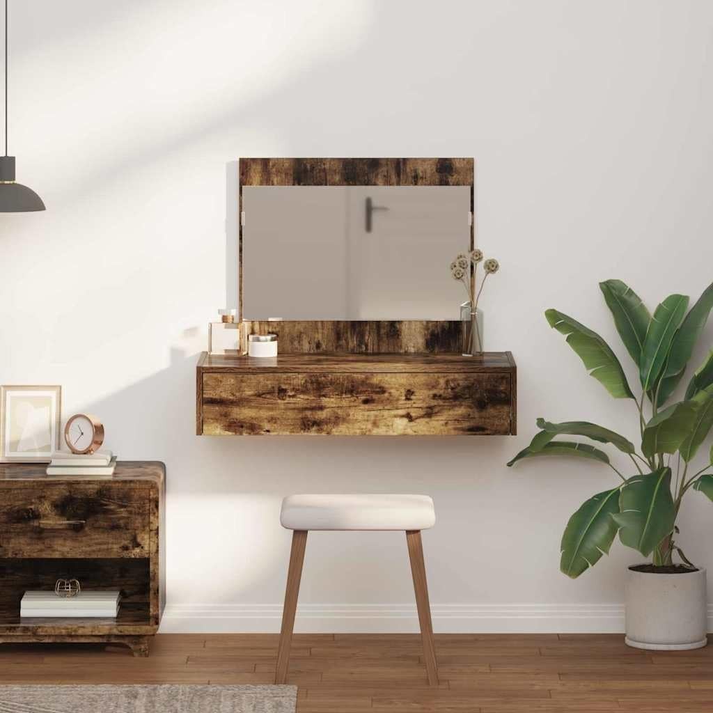 Modern Smoked Oak Dressing Table Vanity Desk with Mirror & Drawer Storage