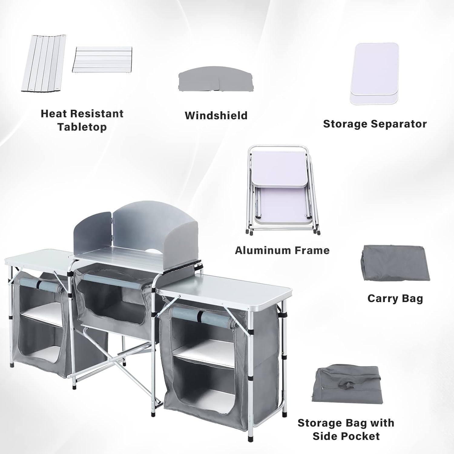 Portable Outdoor Camping Kitchen Storage Unit with Foldable Workspaces