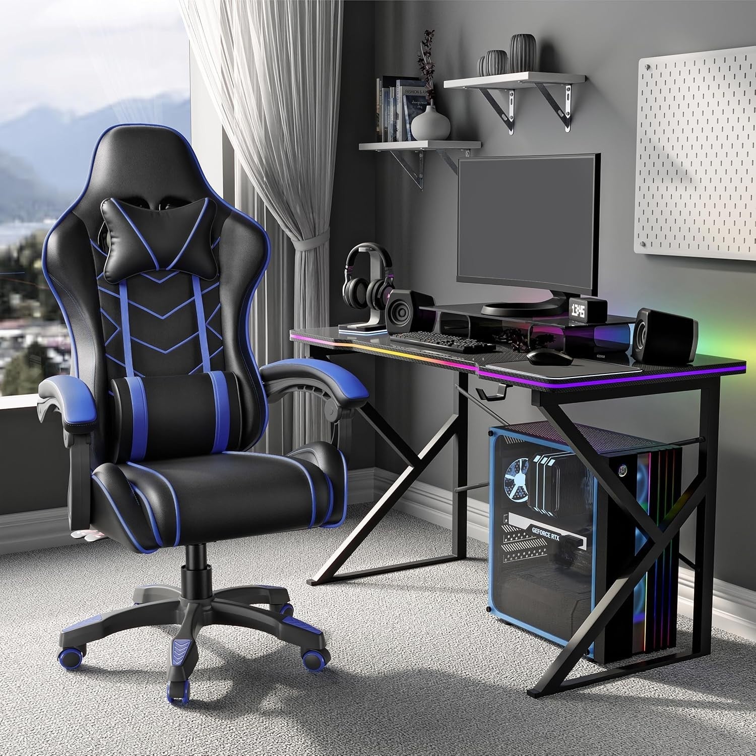 Ergonomic Gaming Office Chair Recline 90-135° Blue Faux Leather High Back 330 lb