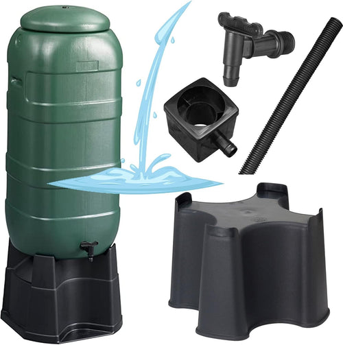 100L Slim Tall Garden Water Butt With Stand Tap & Filler Kit Green