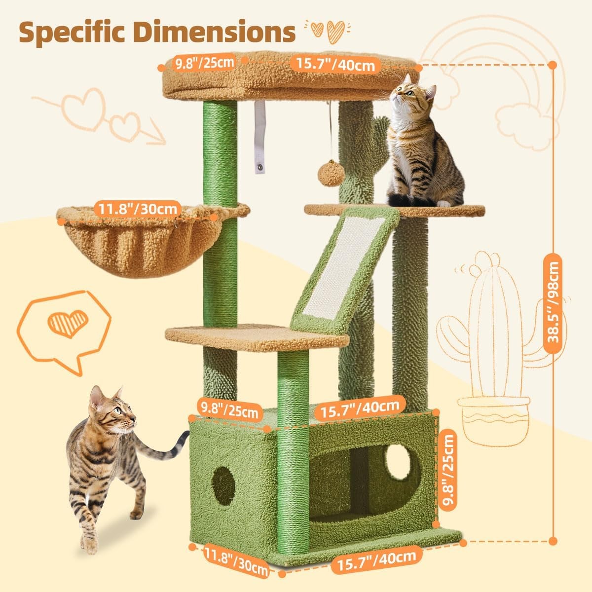 98cm Cat Tree Tower Indoor Scratching Post Condo Hammock & Perch