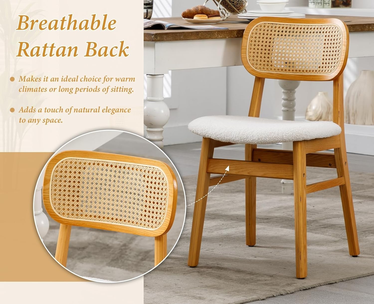 Rattan Dining Chairs Set of 2 Upholstered Retro Kitchen Chairs Solid Wood Legs