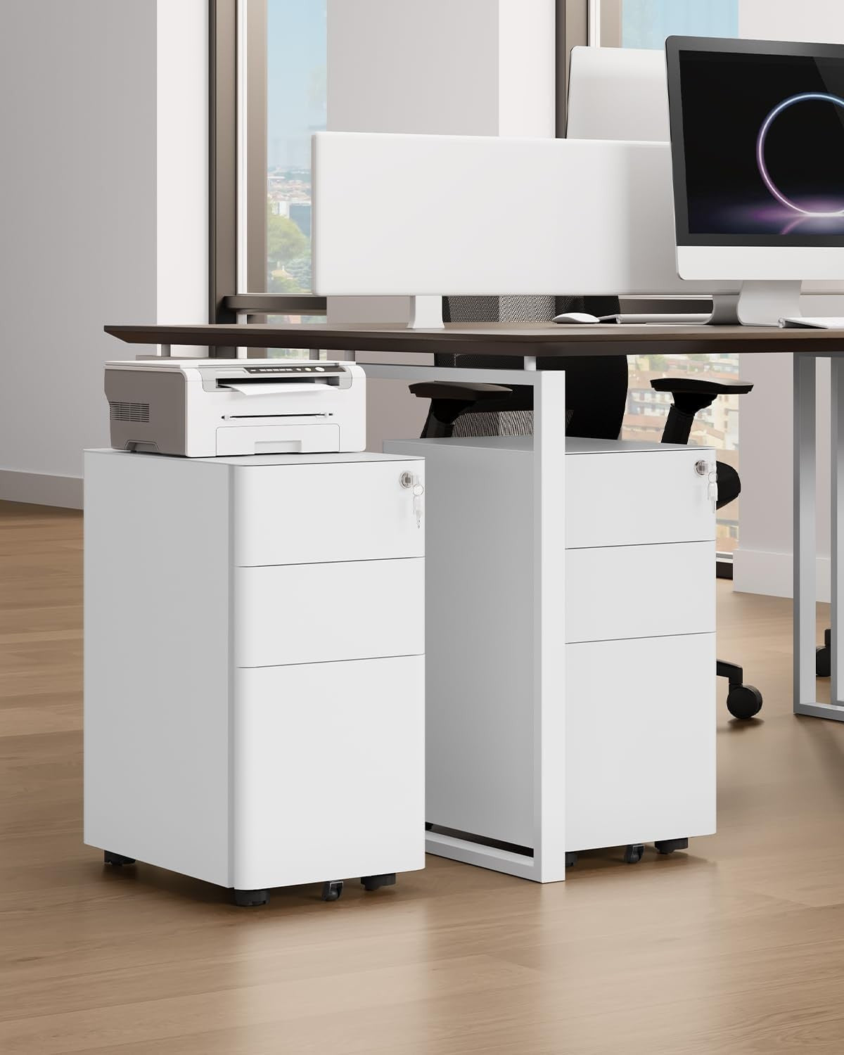 White Lockable Metal Filing Cabinet 3 Drawer A4 Under Desk