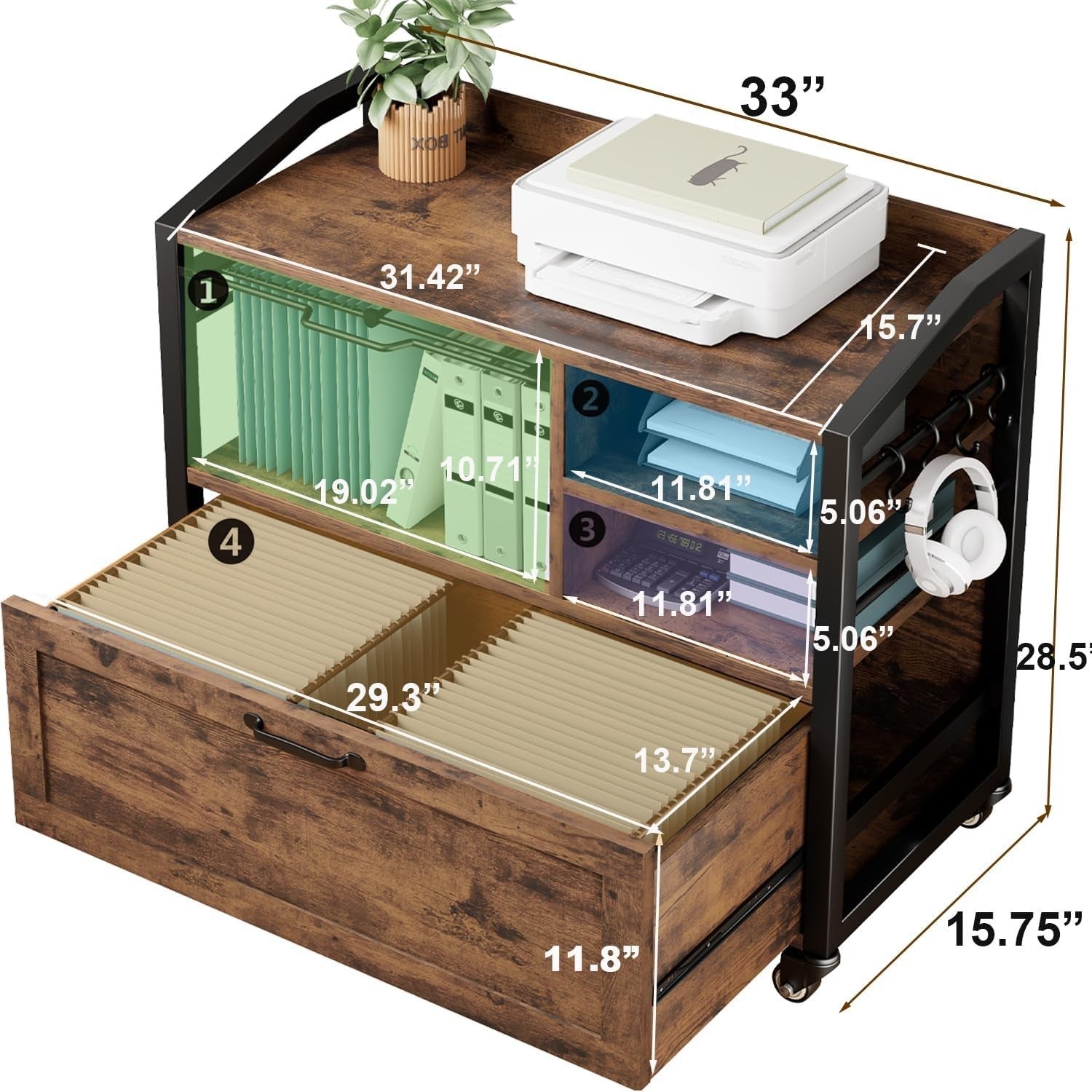 Rustic Brown Rolling Lateral File Cabinet Printer Stand Legal Letter