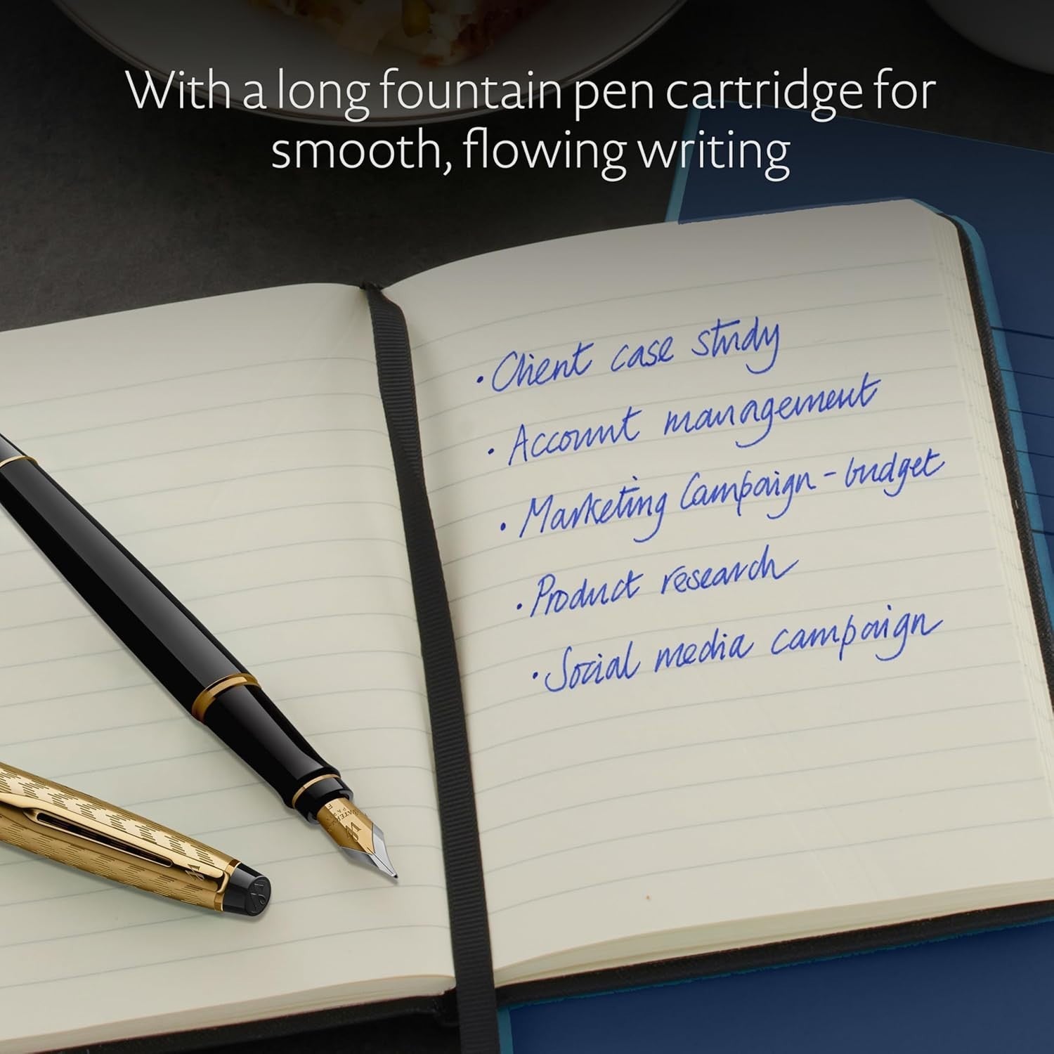 Black & Gold Fountain Pen Wide Nib Blue Ink Luxury Gift Box