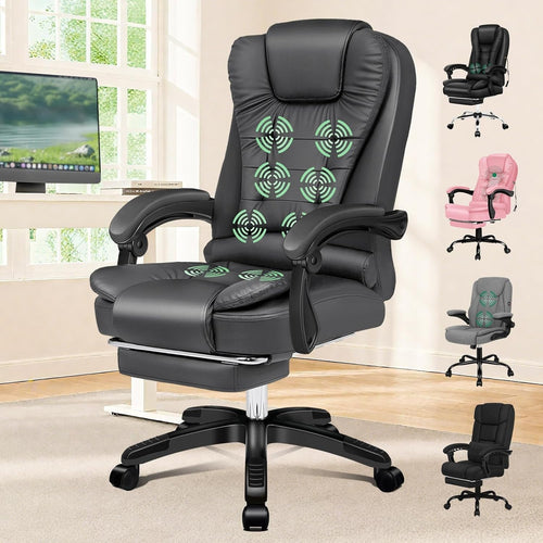 Executive Office Chair Massage Heated Gaming Recliner Grey Faux Leather Ergonomi