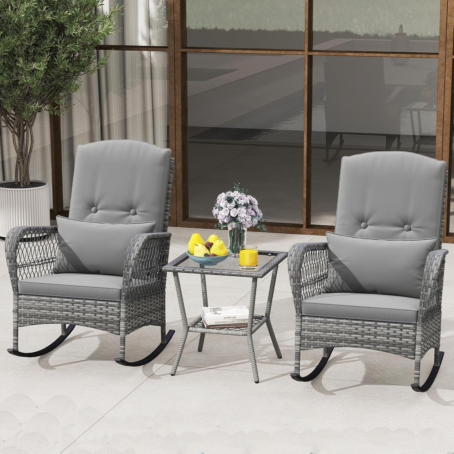 3pc Outdoor Rattan Rocking Bistro Set Cushioned Chairs Glass Table Patio