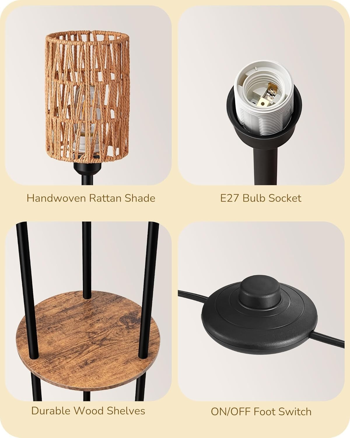 3-Light Boho Floor Lamp with Shelves & Rope Shades, Warm LED Lighting