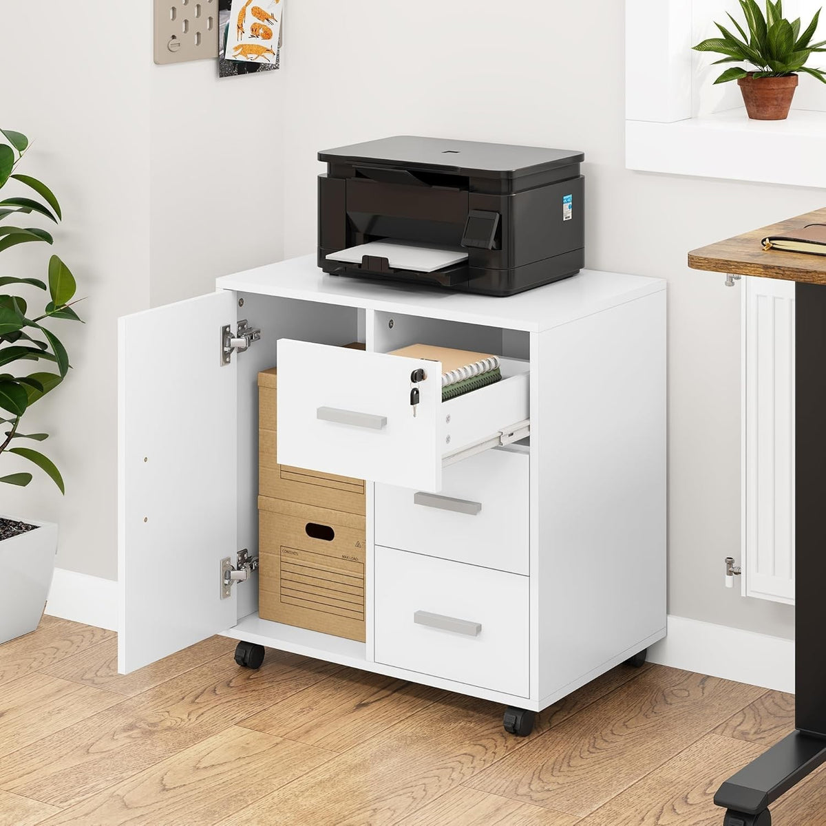 White Mobile Filing Cabinet 3 Drawer Printer Stand Lockable Wheels