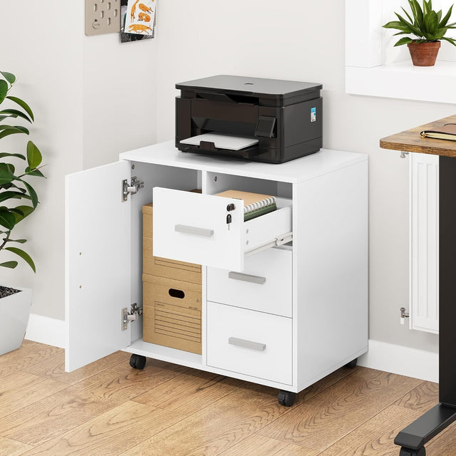 White Mobile Filing Cabinet 3 Drawer Printer Stand Lockable Wheels