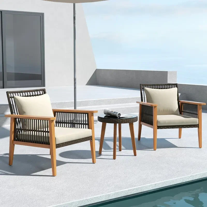 3pc Acacia Patio Chair Set with Cushions & Table – Outdoor Garden Rattan