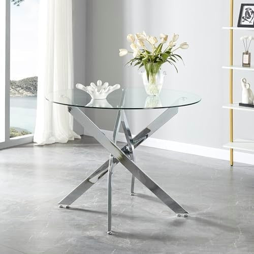 100cm Round Glass Dining Table with Silver Chrome Legs Kitchen Table