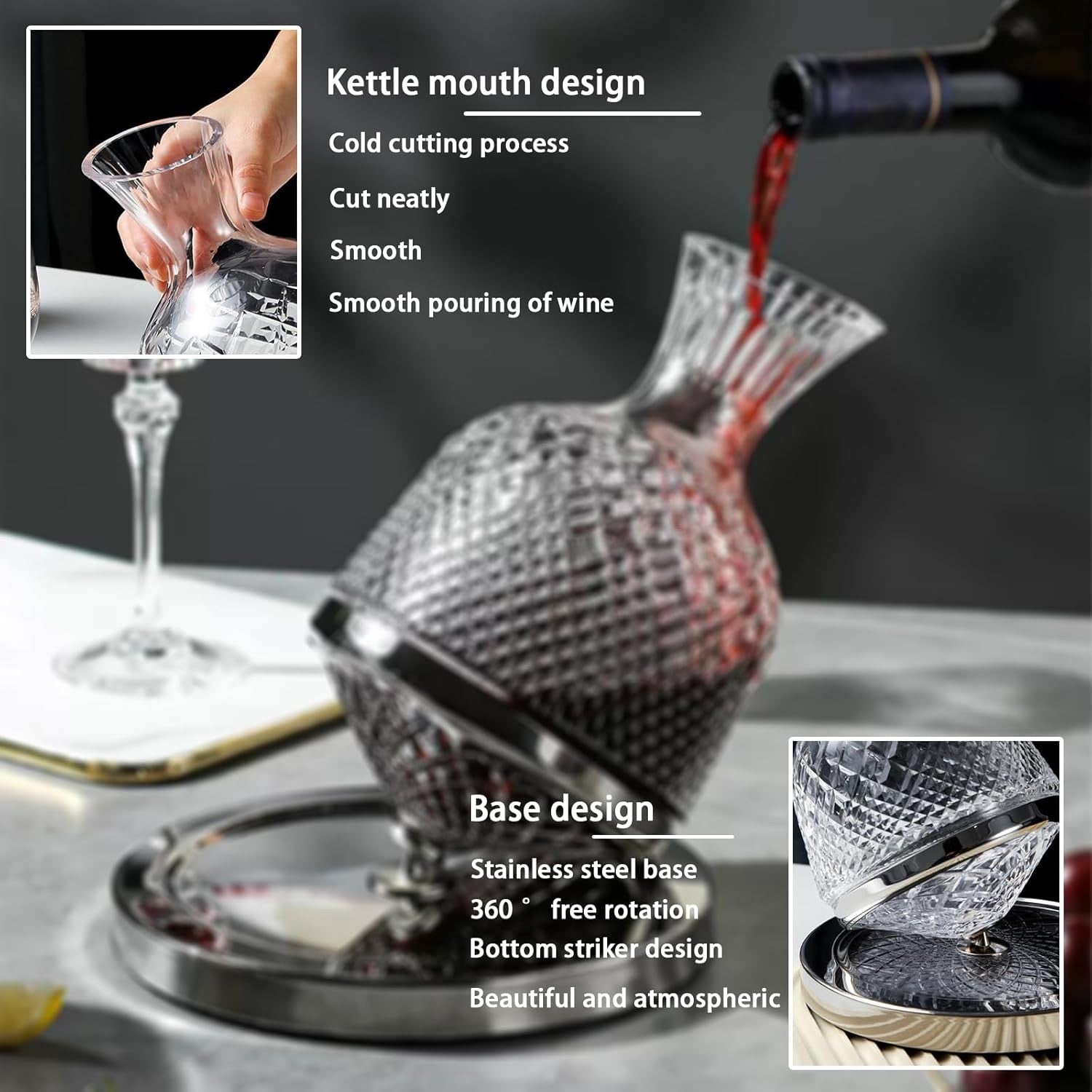 Spinning Crystal Wine Decanter 1.5L with Base Lead-Free Aerator Luxury Gift Set