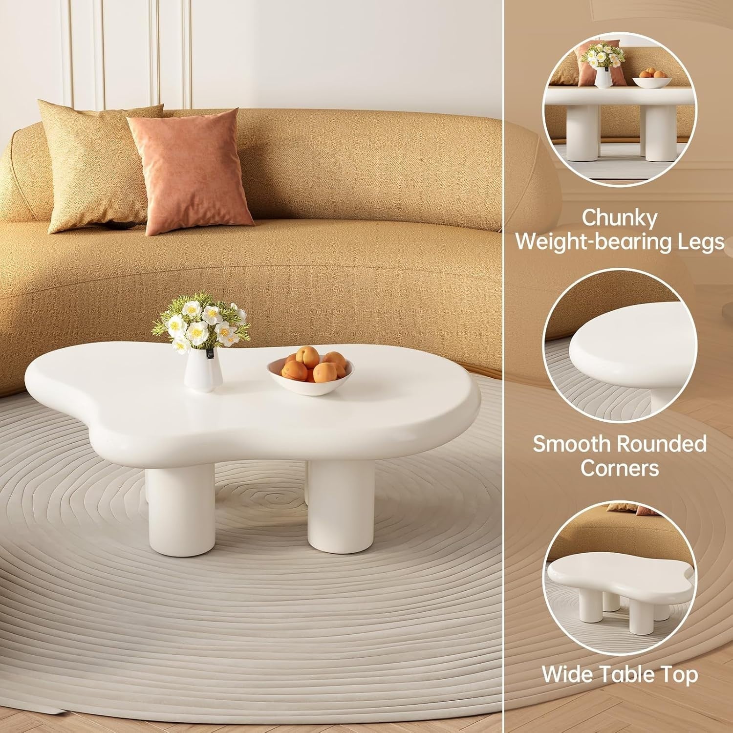 White Cloud Coffee Table Rounded Edges Durable MDF 117x72x40cm Modern