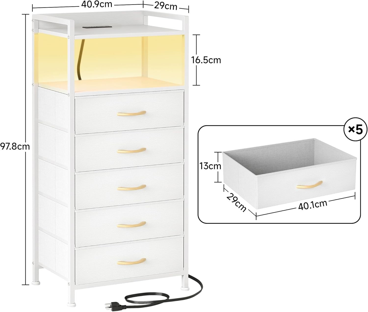 Tall White LED Bedside Table with Charging Ports 5-Drawer Modern Storage Unit