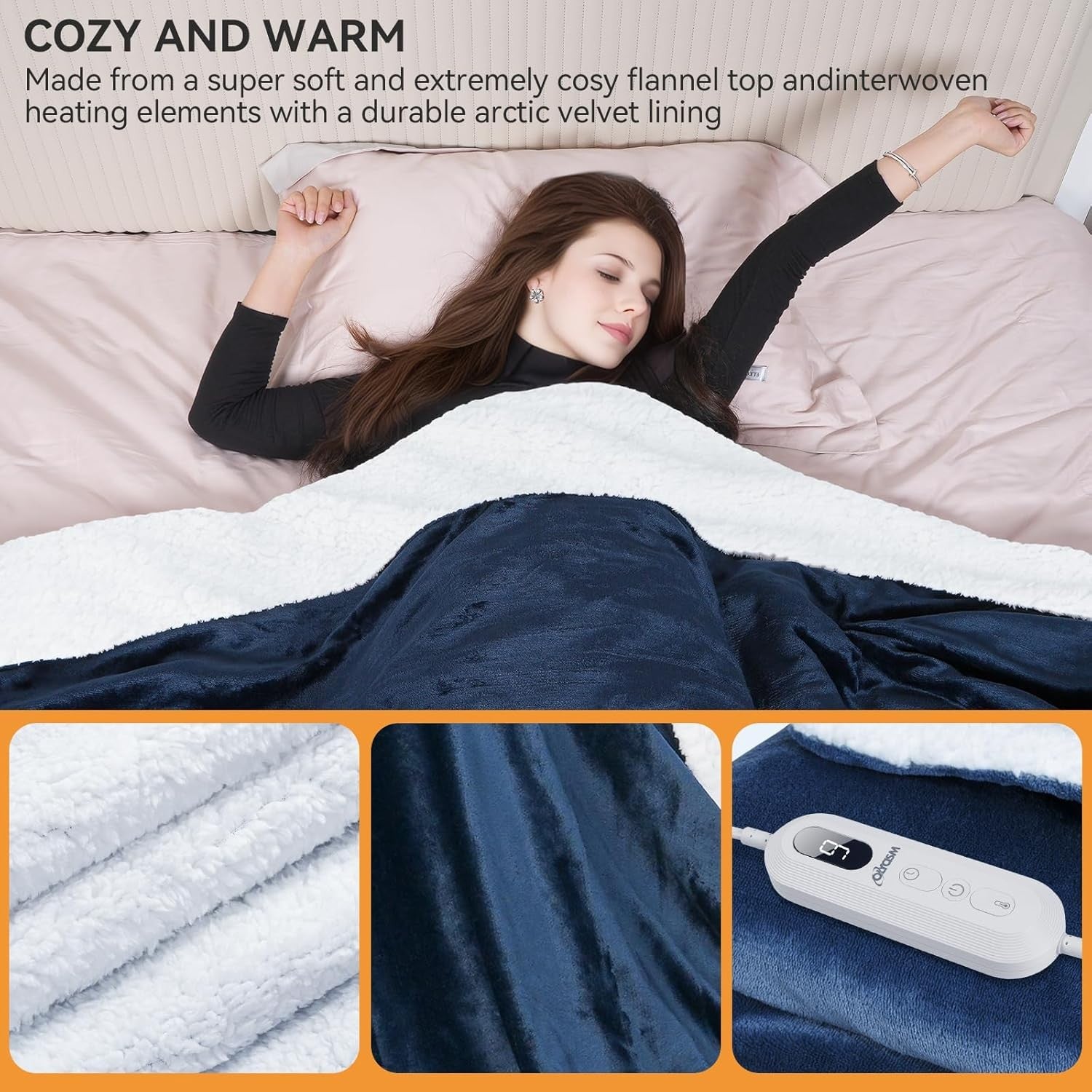Electric Heated Throw Blanket 180x130cm Blue Auto Shut Off 9 Heat Levels