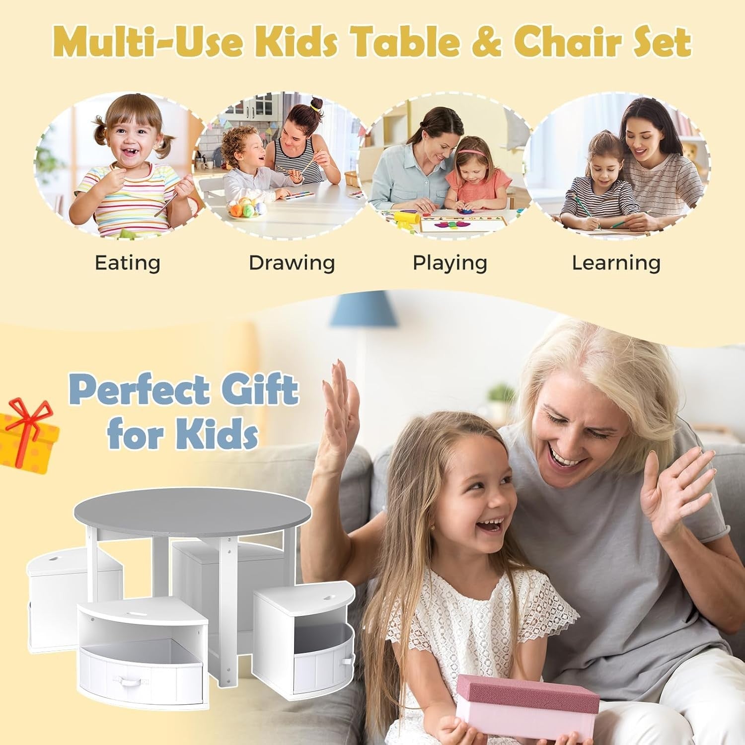 Kids Round Table & 4 Storage Stools Set with Fabric Bins for Play & Learn