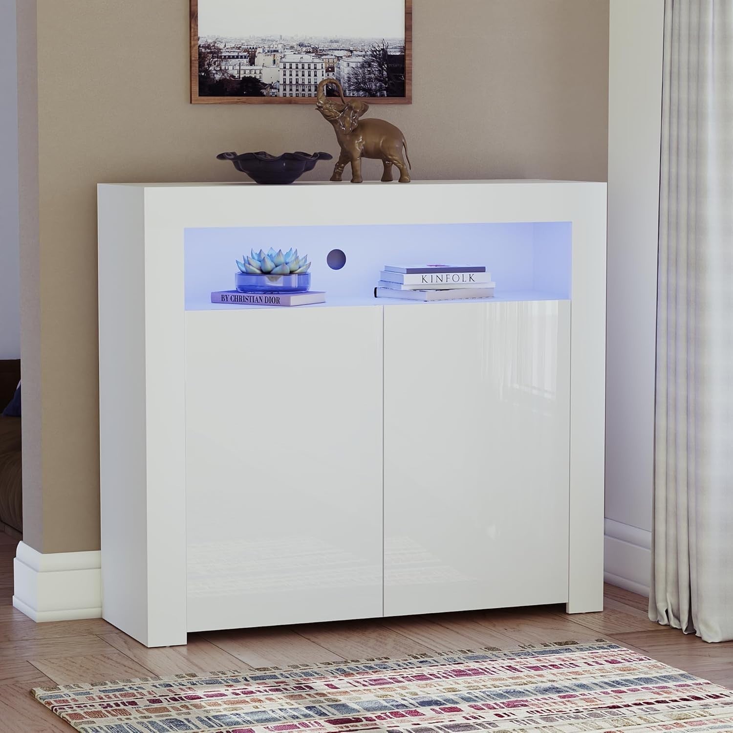 Modern White LED Sideboard 2 Doors Magnetic Storage Cabinet RGB Lighting