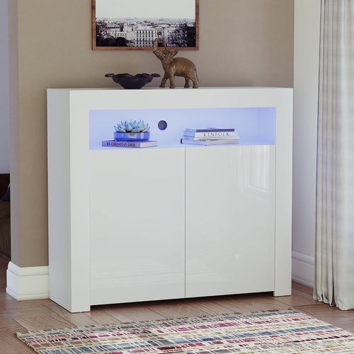 Modern White LED Sideboard 2 Doors Magnetic Storage Cabinet RGB Lighting