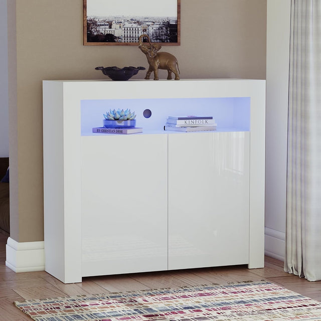 Modern White LED Sideboard 2 Doors Magnetic Storage Cabinet RGB Lighting