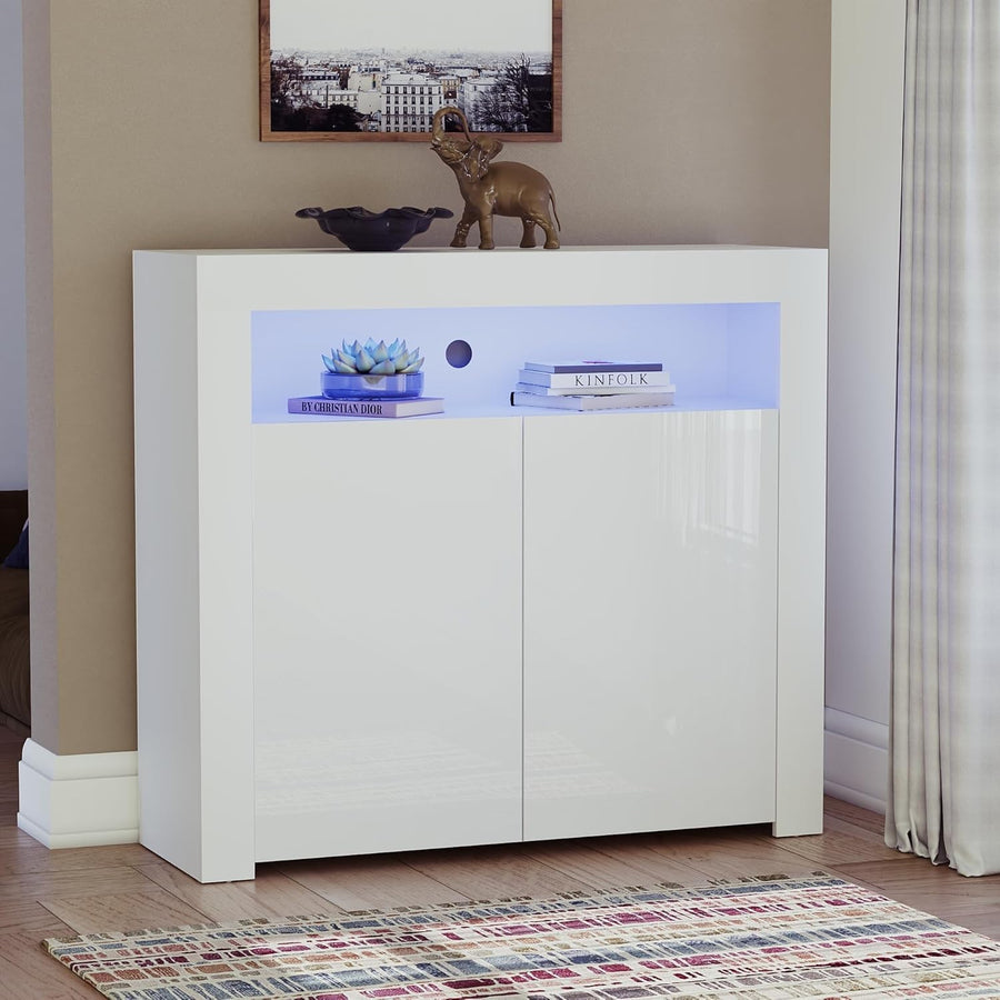 Modern White LED Sideboard 2 Doors Magnetic Storage Cabinet RGB Lighting