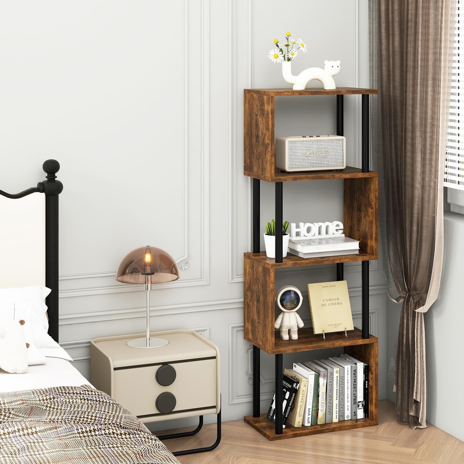 5 Tier S Shaped Bookcase Rustic Brown Modern Wood Display Storage Shelf 155cm