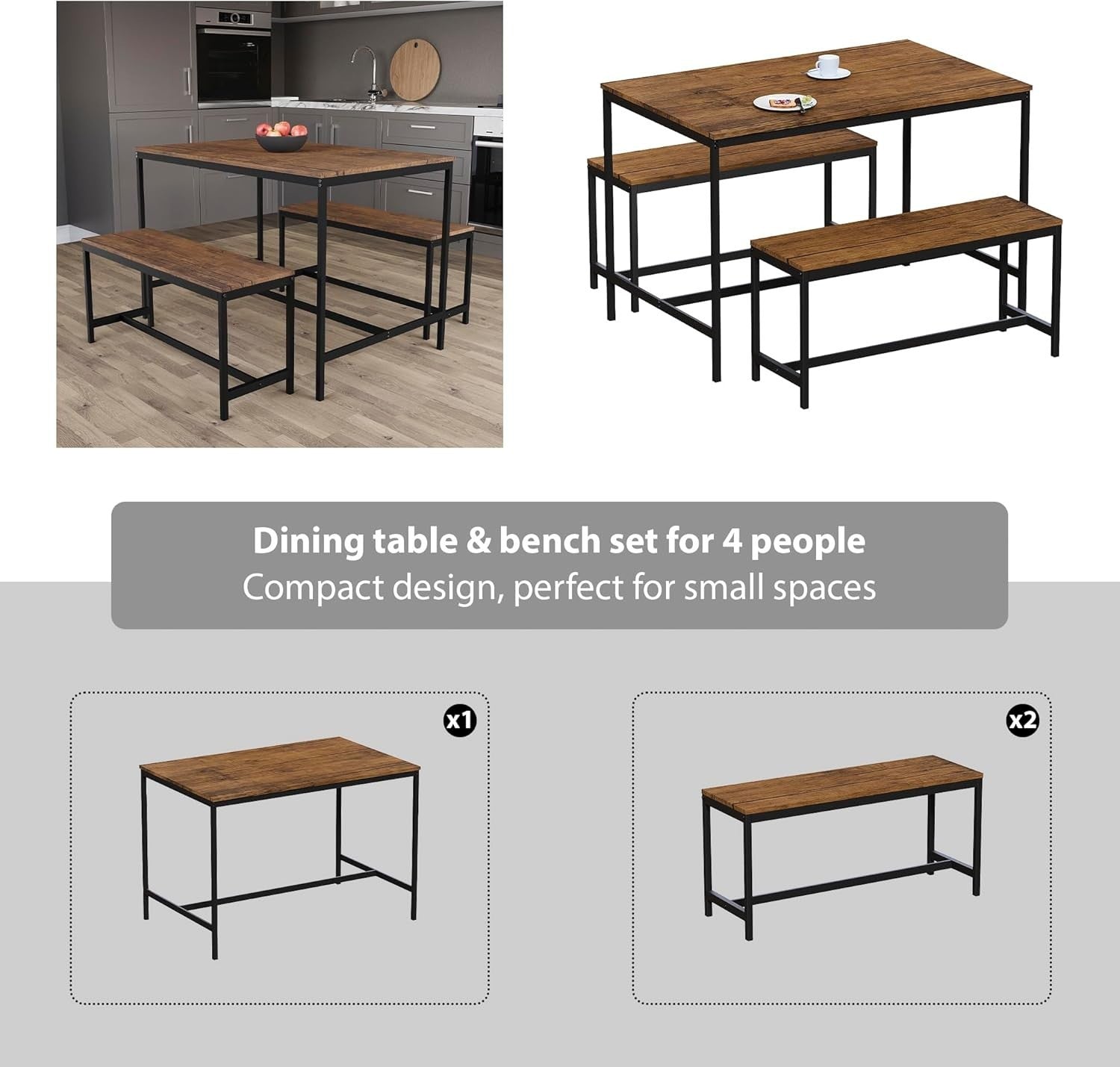 4 Seater Dining Table & Benches Set - Dark Wood Top, Metal Frame Compact