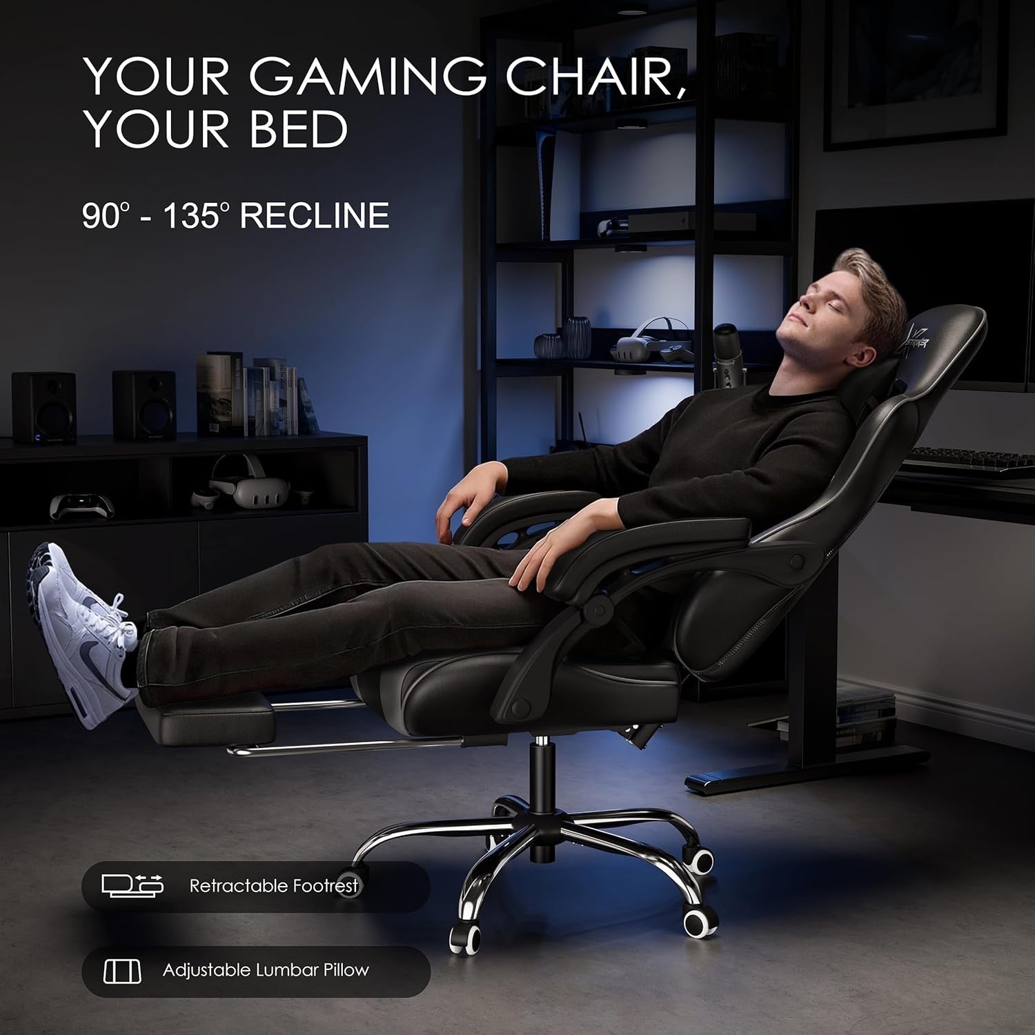 Ergonomic Gaming Chair w/ Footrest Recliner Lumbar Support Black Grey
