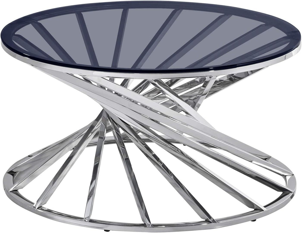 Silver Round Coffee Table 80cm Tempered Glass Modern Steel Living Room