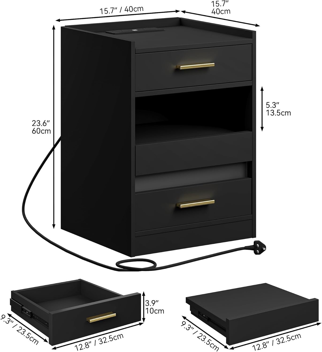 Modern Black LED Bedside Table with 2 Drawers & Tempered Glass