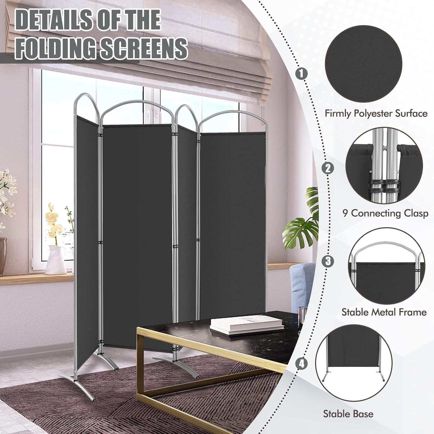 4 Panel Grey Folding Room Divider Privacy Screen Freestanding Partition 221x188c