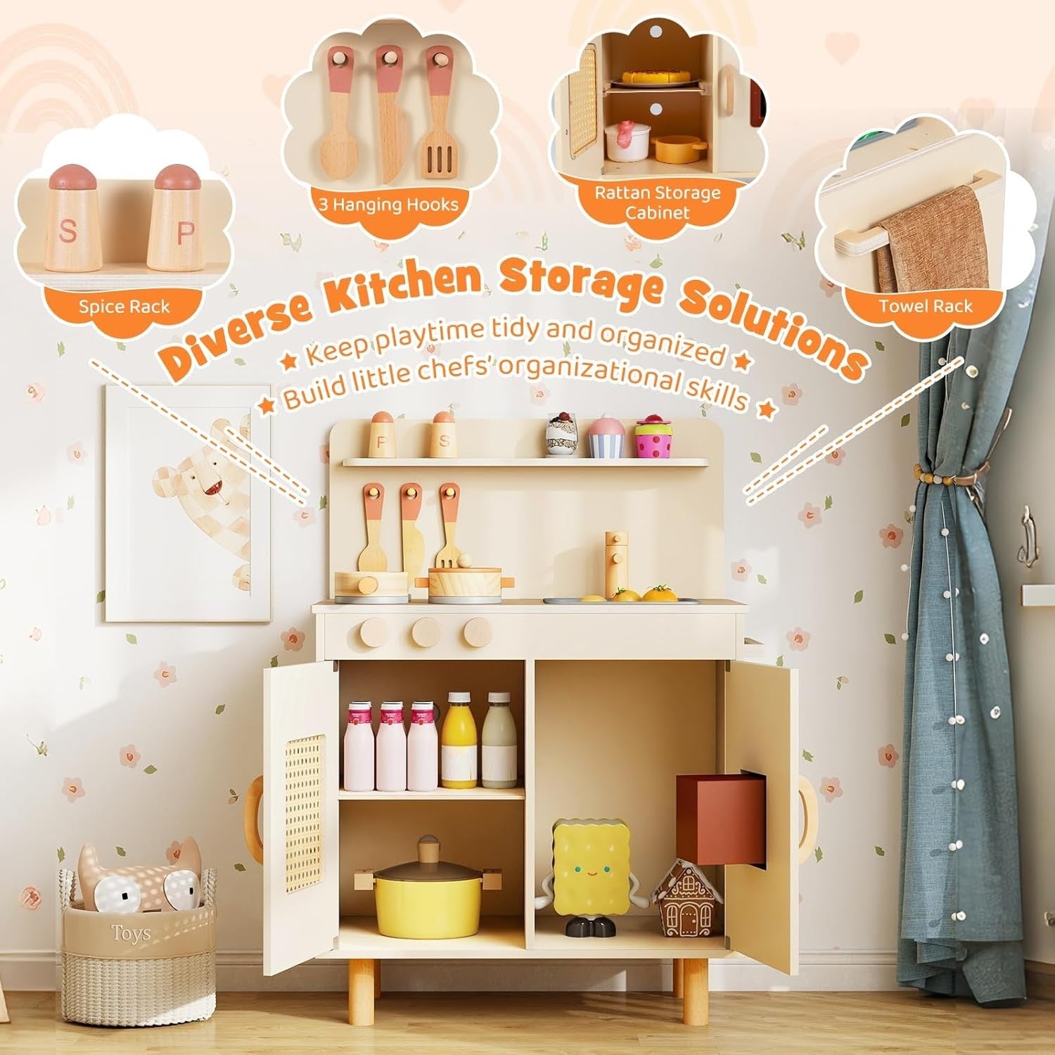 Kids Wooden Play Kitchen w/ Ice Maker Sink Yellow Toy Set