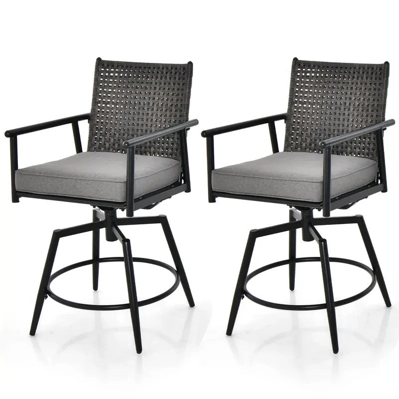 Outdoor Swivel Bar Stools Set of 2 Rattan Cushioned Garden Patio Chairs