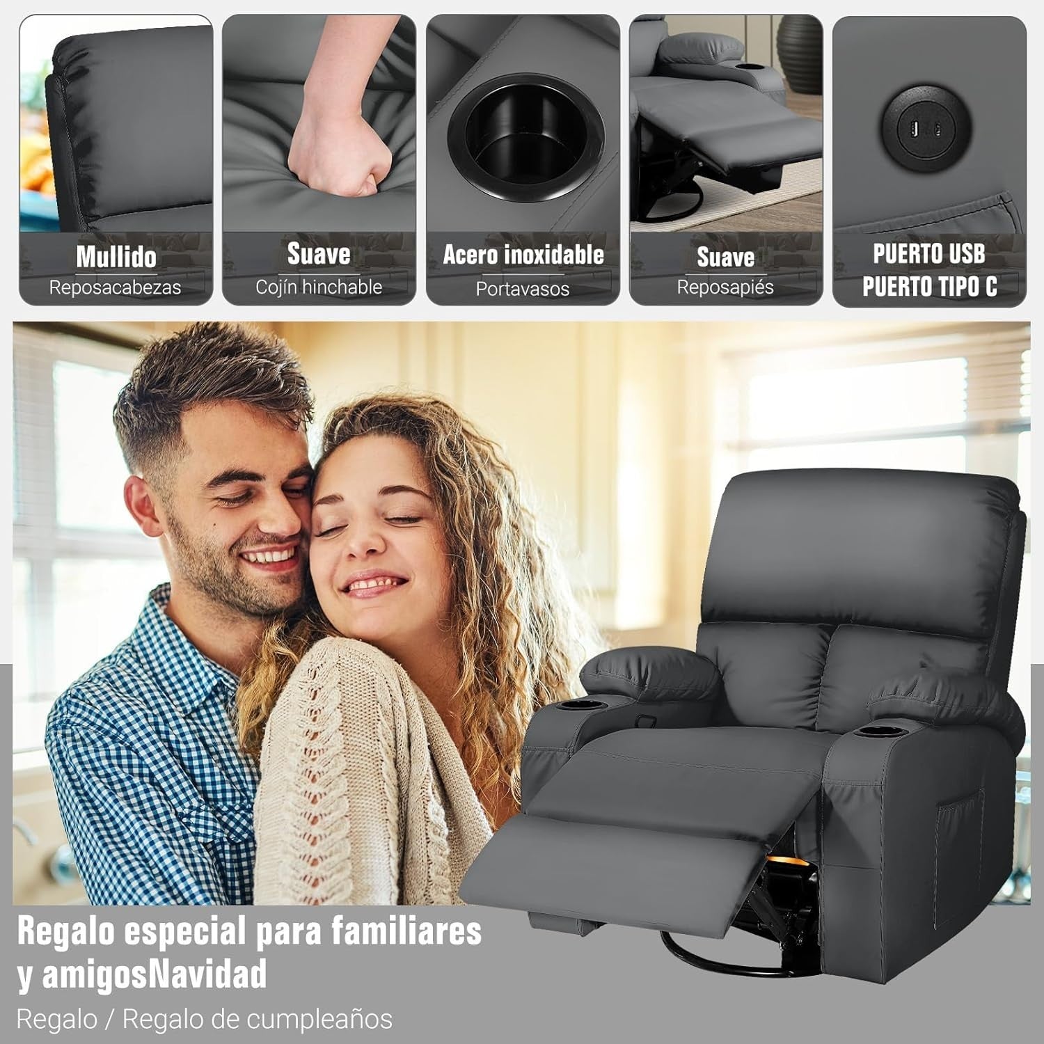 Massage Rocker Recliner Chair 360° Swivel USB Ports Vibration Dark Grey
