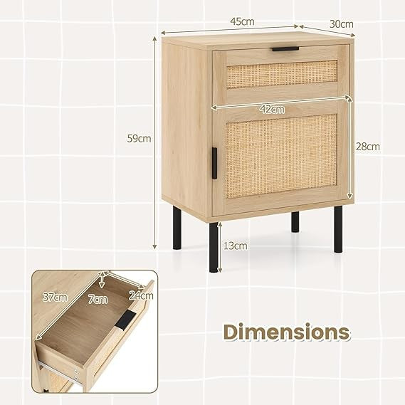 Rattan Bedside Tables Set of 2 with Drawer & Cabinet, Natural Wood & Metal Legs