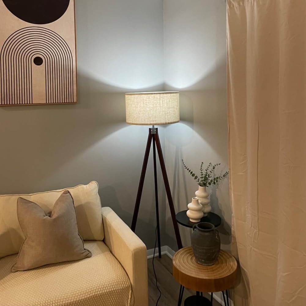 Tripod Lamp Wooden Mid Century Standing Light Linen Shade 155cm