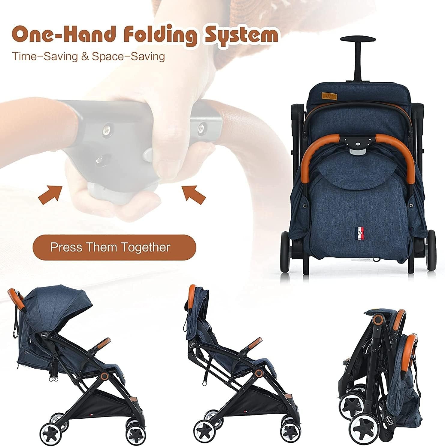 Blue Lightweight Baby Stroller One Hand Fold Compact Travel Buggy