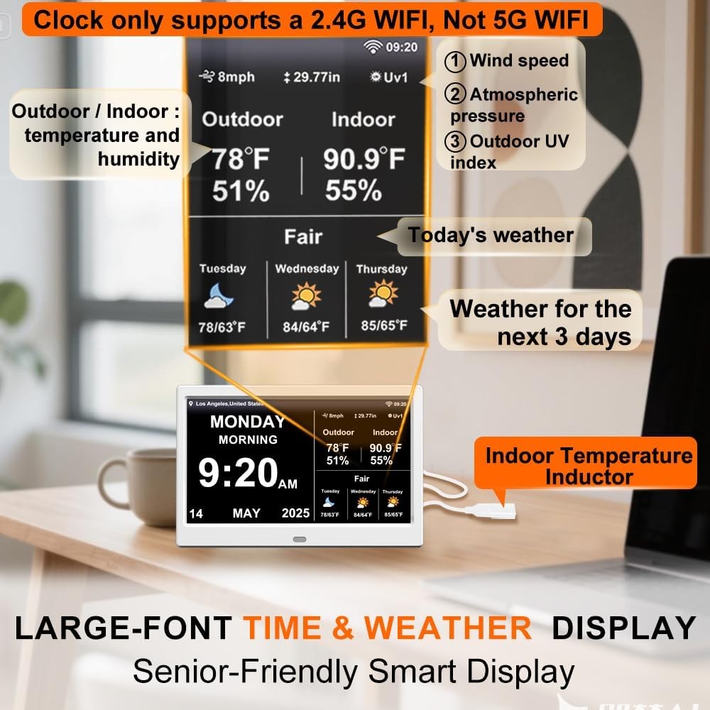 Large Digital Clock 10.1in Display Temperature Humidity Elderly Alarms