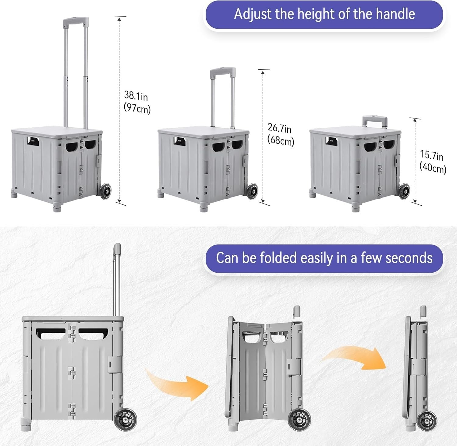 65L Foldable Shopping Trolley with Lid Wheels Utility Cart Grey