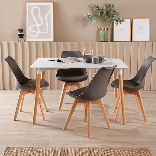 White Dining Table Set 4 Grey Padded Chairs 120cm Modern Kitchen Room