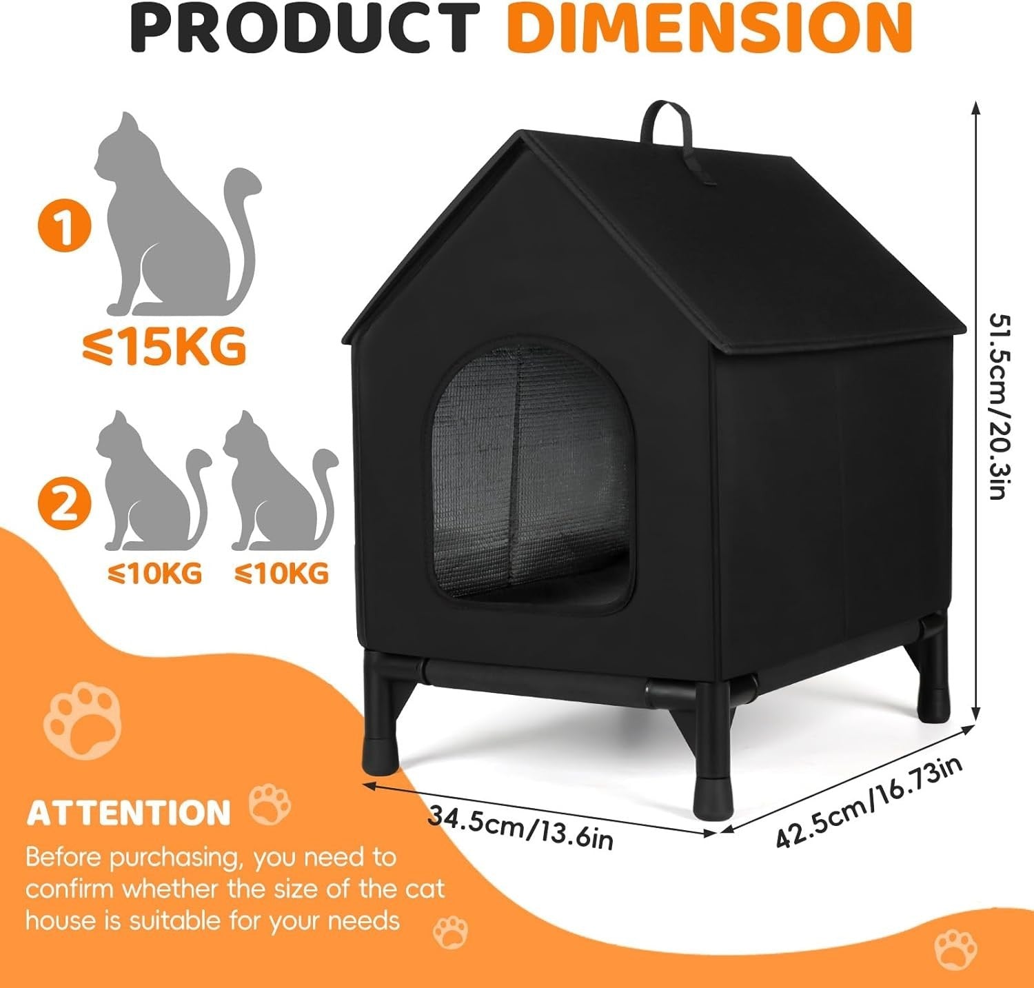 Outdoor & Indoor Insulated Cat House Waterproof Shelter with Soft Pad Black