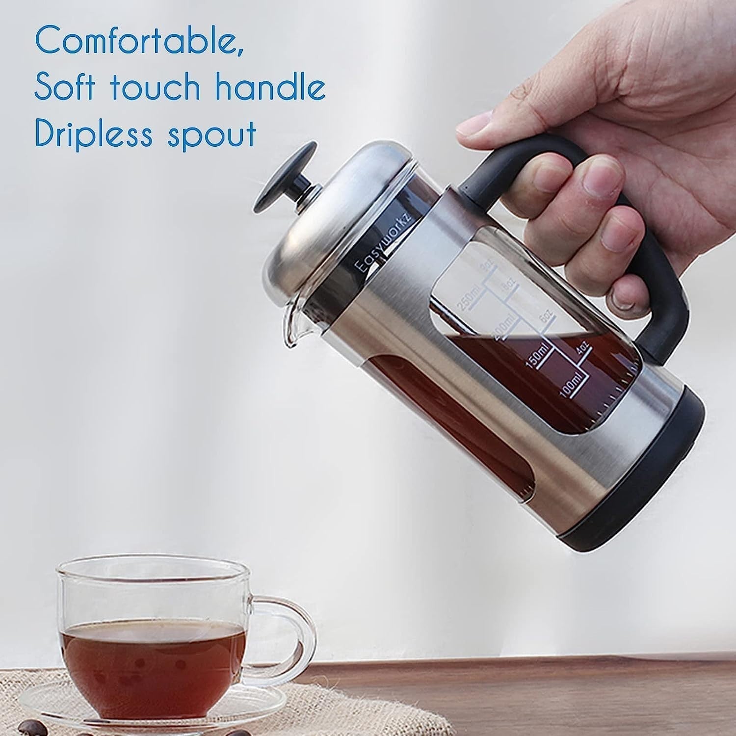 Stainless Steel French Press 350ml Coffee Maker Heat-Resistant Glass Soft Grip