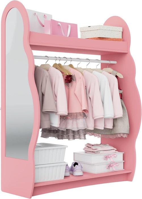 Kids Wardrobe with Mirror & Hanging Rail, No Drawer, Pink Cloud Design