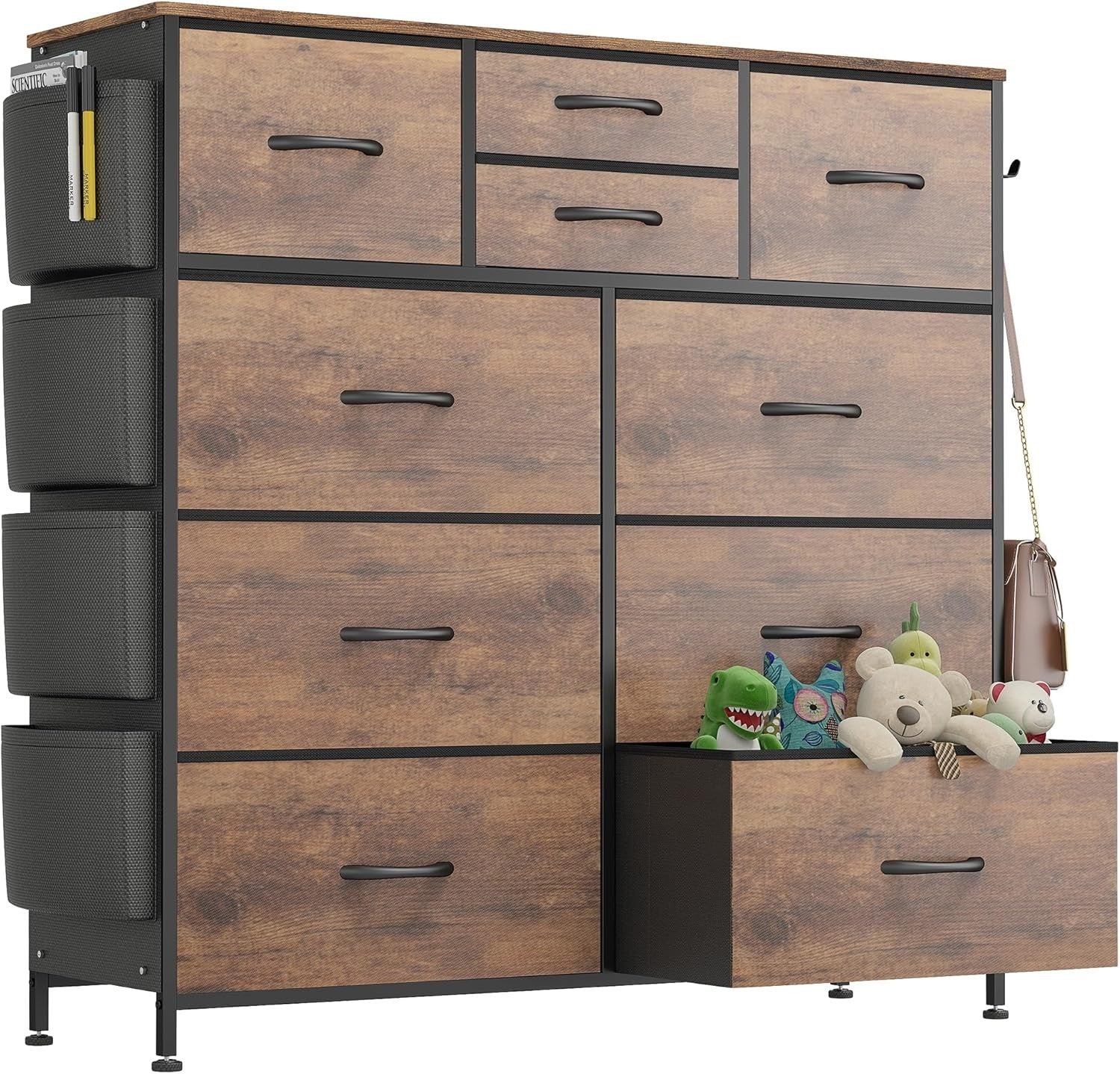 Rustic Brown 10-Drawer Tall Chest Storage Dresser with Side Pockets & Hooks